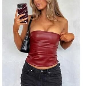 White Fox Well Behaved bustier vegan leather tube top gathered burgundy XS